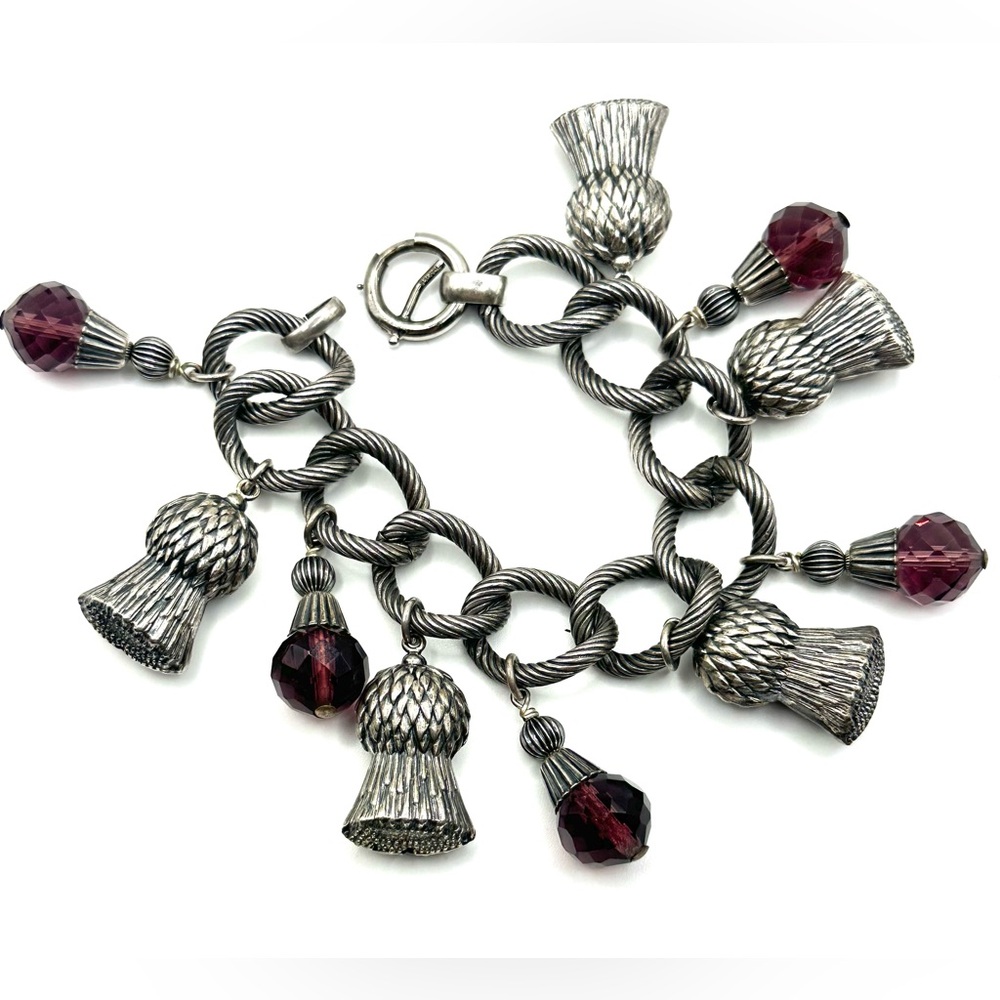 1940 Vintage Napier Silvertone Thistle Faceted Purple Glass Drops Charm Bracelet